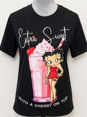 Betty Boop Extra Sweet Graphic Tee Black Small Fleischer Studios Milkshake Shirt